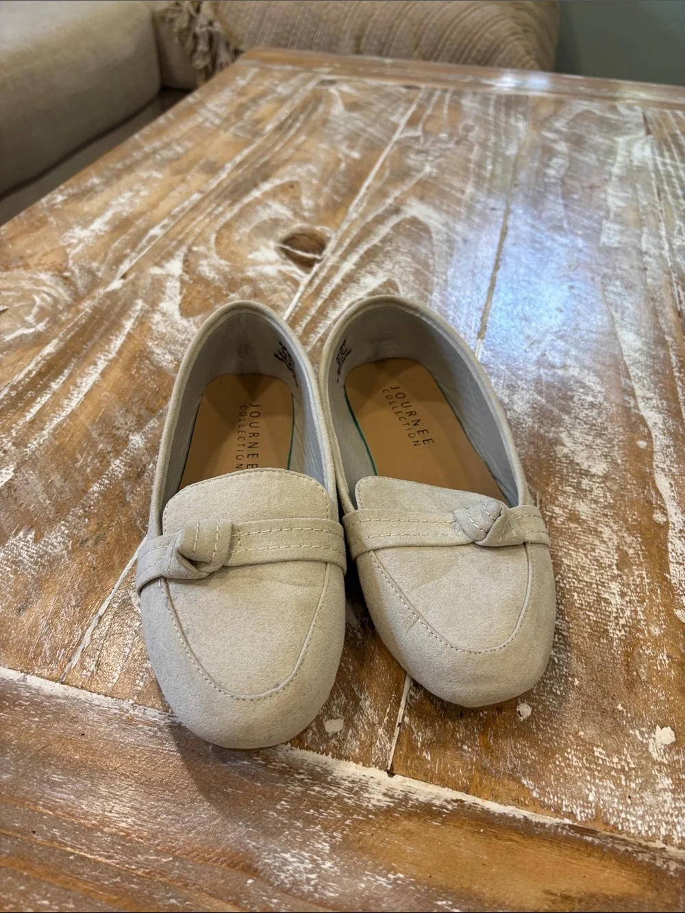 Journee Collection Light Beige Suede Knot Loafers